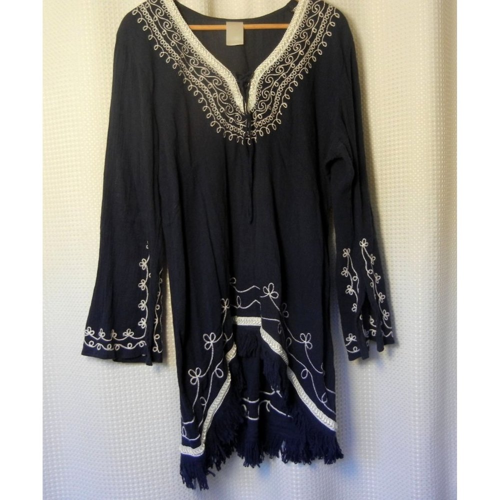 Tunic blouse, LG navy blue, India Made white trim cotton, peasant blouse fringe